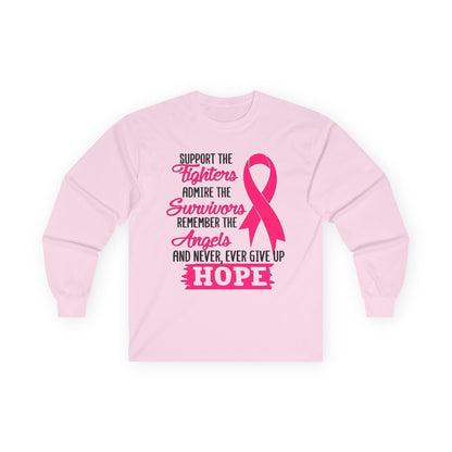 Breast Cancer Awareness Long Sleeve Tee — "Support the Fighters, Admire the Survivors" Hope Ribbon