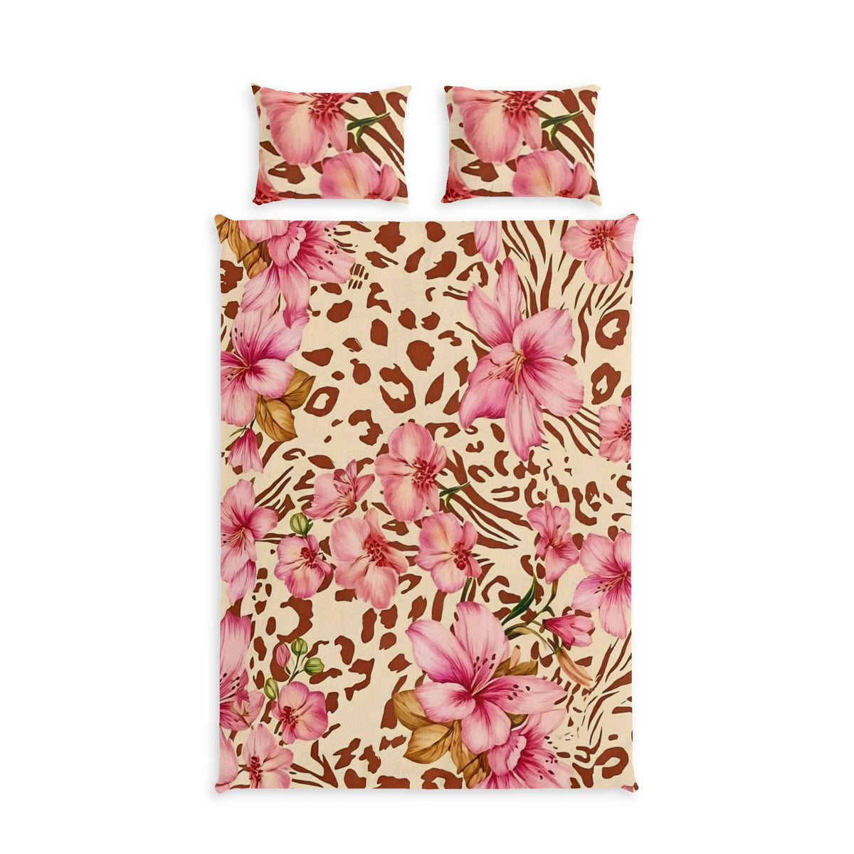 Floral Leopard Cotton Bed Set — Pink Tropical Flowers Duvet Cover & Pillowcases