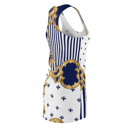 Baroque Gold & Navy Racerback Dress — Striped Fleur-de-Lis
