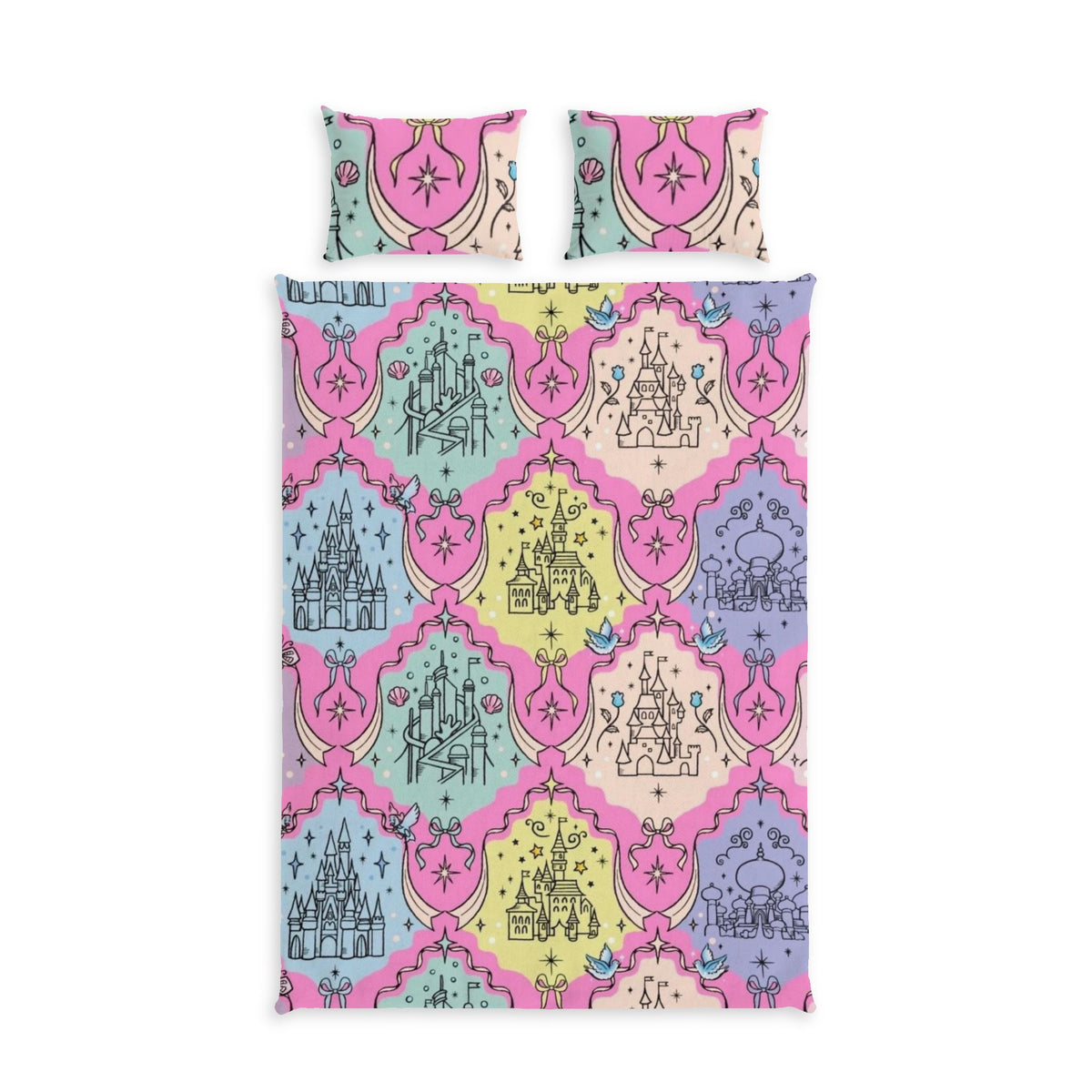 Pastel Princess Castle Cotton Bed Set – Fairy Tale Duvet & Pillowcase