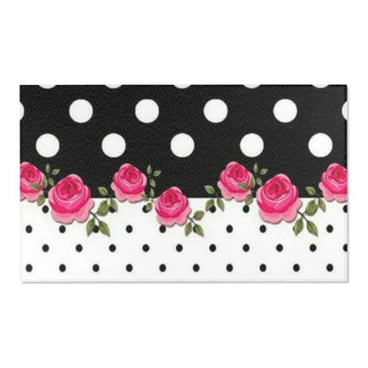Polka Dot Rose Area Rug — Black & White Vintage Floral Accent Rug