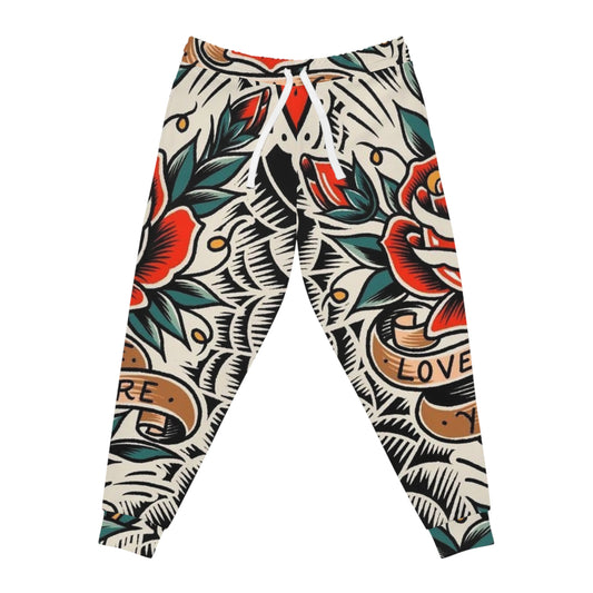 Tattoo Rose All-Over Print Joggers — "Love You" Vintage Floral Athletic Pants