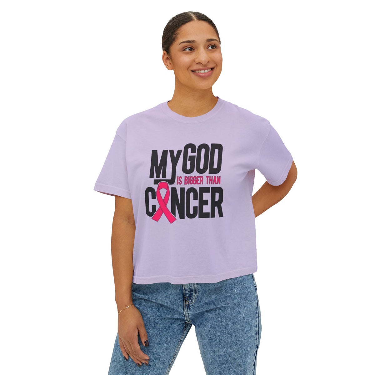 Boxy Tee — "My God Is Bigger Than Cancer" Pink Ribbon Breast Cancer Awareness Shirt