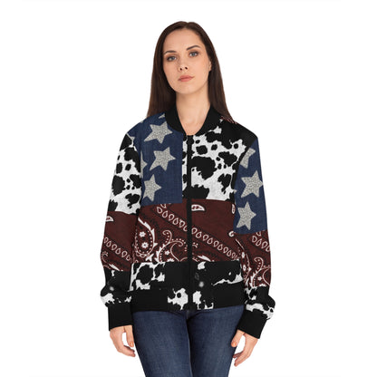 Patriotic Cow Print Bomber Jacket, Trendy Casual Outerwear, Women's Fashion, USA Pride, Everyday Comfort, Perfect for Festivals