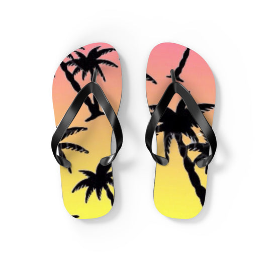 Tropical Sunset Flip Flops - Beach Vibes Sandals with Palm Tree Design