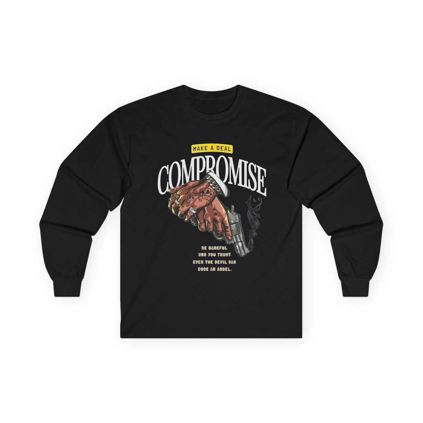 Compromise Graphic Long Sleeve Tee — 'Make a Deal' Handshake Design