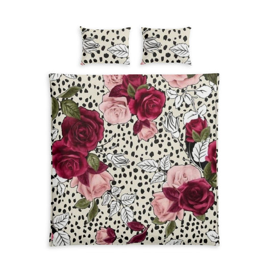 Floral Rose Duvet Cover Set — Pink & Burgundy Roses on Speckled Cream Cotton Bed Set