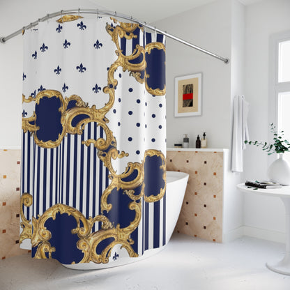 Baroque Navy & Gold Shower Curtain — Stripes, Polka Dots & Fleur-de-Lis Bath Decor