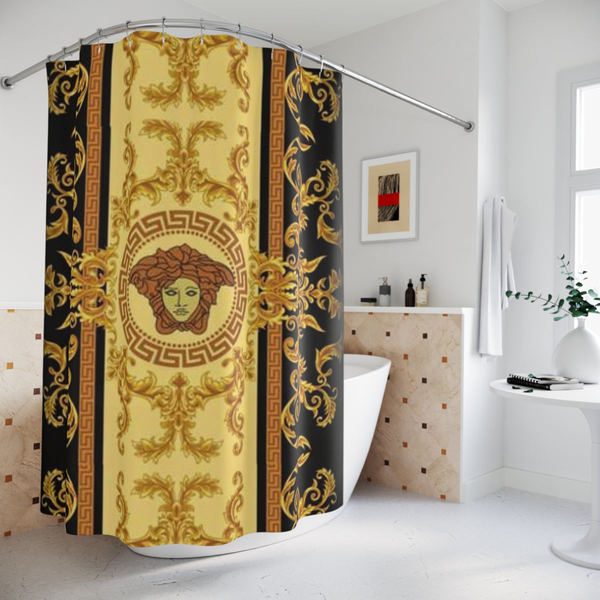 Baroque Medusa Shower Curtain — Gold Greek Key Luxury Bath Decor