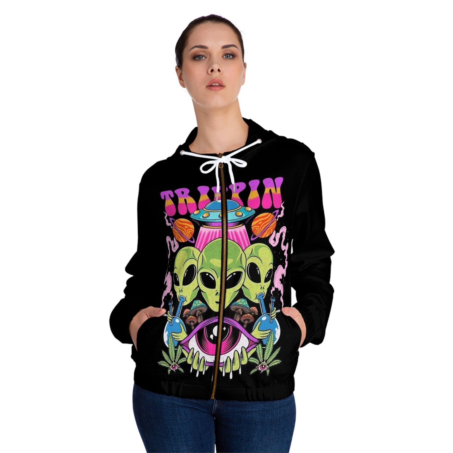 Trippin' Aliens Zip Hoodie - Psychedelic UFO Graphic Women's Jacket