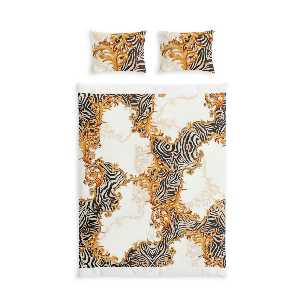 Baroque Zebra Cotton Bed Set – Gold Scroll Pattern Duvet Cover & Pillowcases