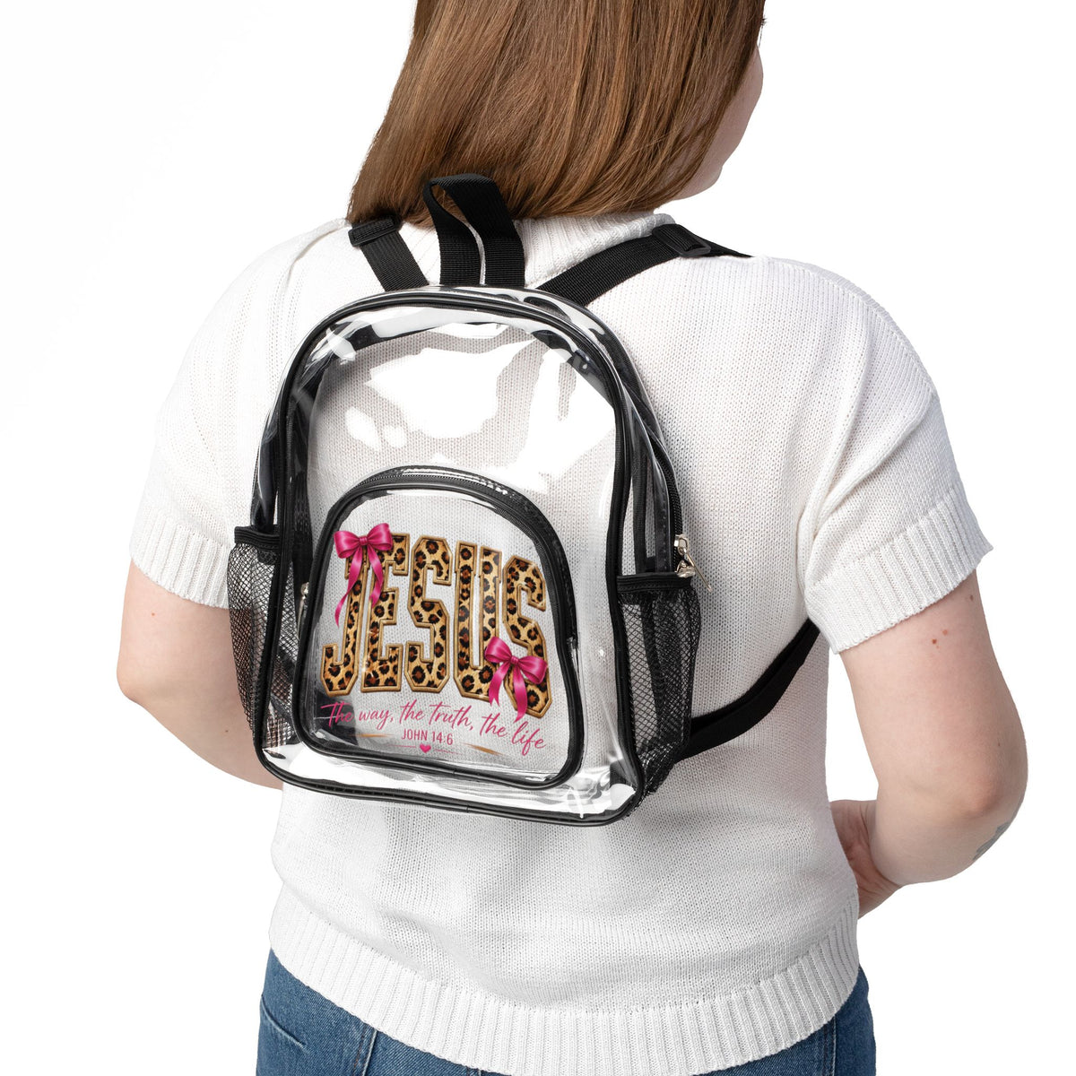 Clear Stadium Backpack — Leopard 5G Design with Pink Bows (See-Through School & Game Day Bag)