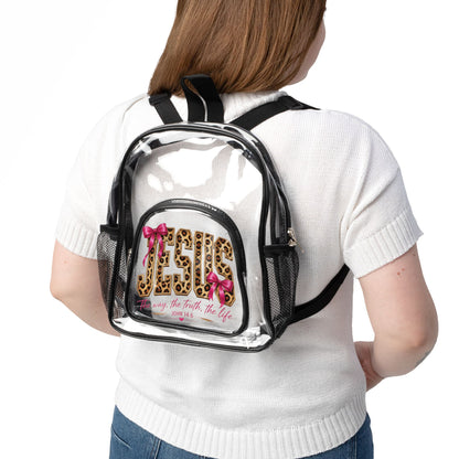 Clear Stadium Backpack — Leopard 5G Design with Pink Bows (See-Through School & Game Day Bag)