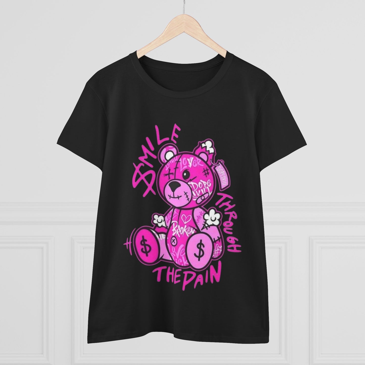 Smile Through The Pain Teddy Bear Tee — Pink Graphic Women's Cotton Shirt
