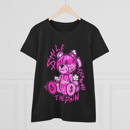 Smile Through The Pain Teddy Bear Tee — Pink Graphic Women's Cotton Shirt