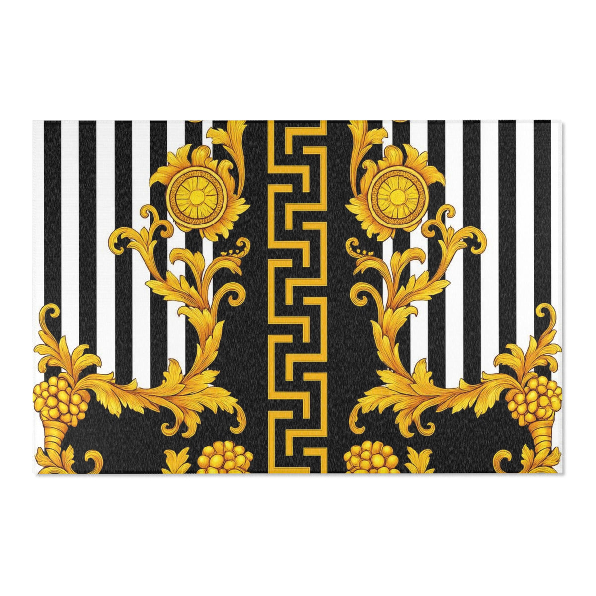 Baroque Gold Scroll Area Rug — Black & White Striped Medallion Accent Rug