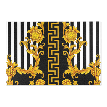 Baroque Gold Scroll Area Rug — Black & White Striped Medallion Accent Rug