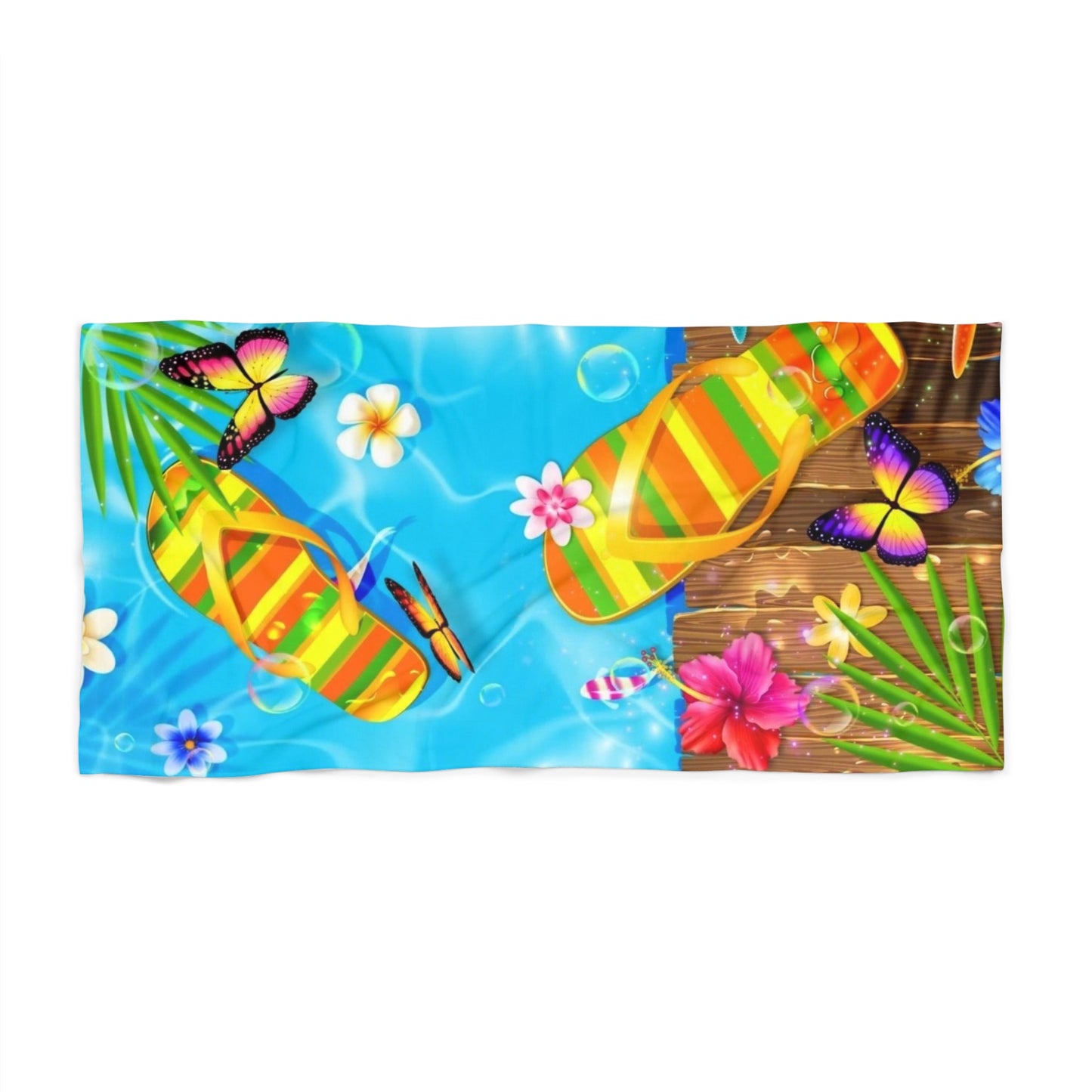 Lebendiges tropisches Strandtuch mit Flip-Flops und Blumen – perfekt für den Sommerurlaub