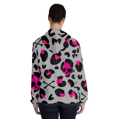 Women’s Zip Hoodie — Pink & Black Skull Leopard All-Over Print
