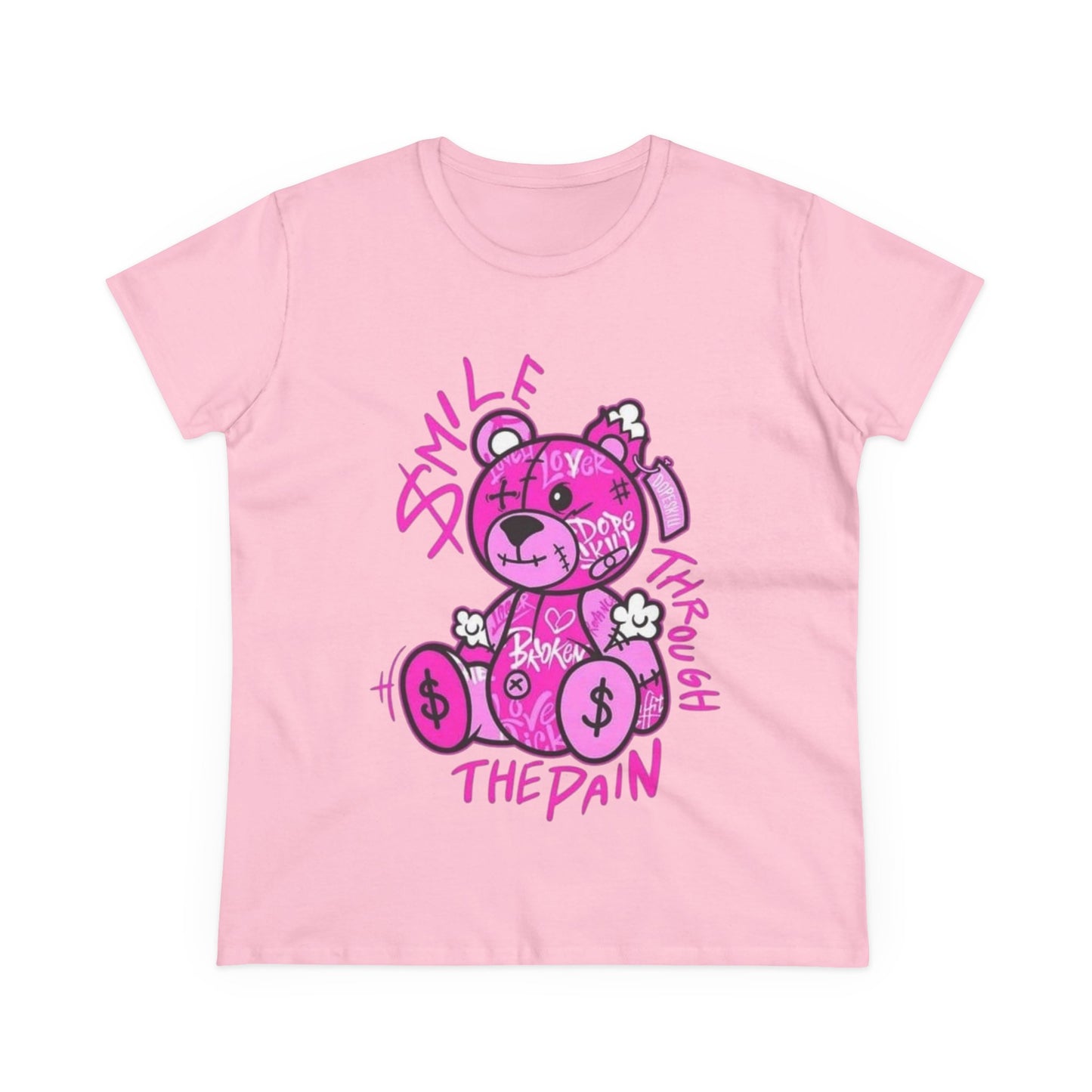 Smile Through The Pain Teddy Bear Tee — Pink Graphic Women's Cotton Shirt