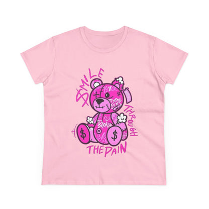 Smile Through The Pain Teddy Bear Tee — Pink Graphic Women's Cotton Shirt