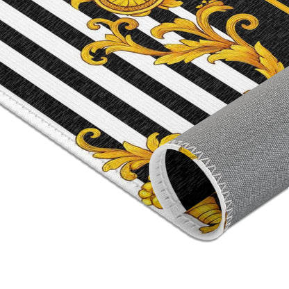 Baroque Gold Scroll Area Rug — Black & White Striped Medallion Accent Rug