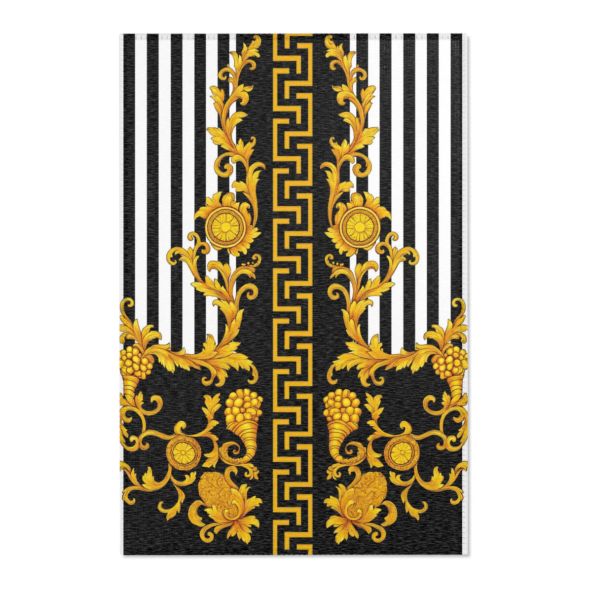 Baroque Gold Scroll Area Rug — Black & White Striped Medallion Accent Rug