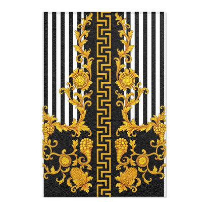 Baroque Gold Scroll Area Rug — Black & White Striped Medallion Accent Rug