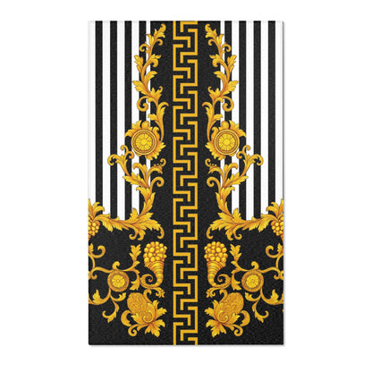 Baroque Gold Scroll Area Rug — Black & White Striped Medallion Accent Rug