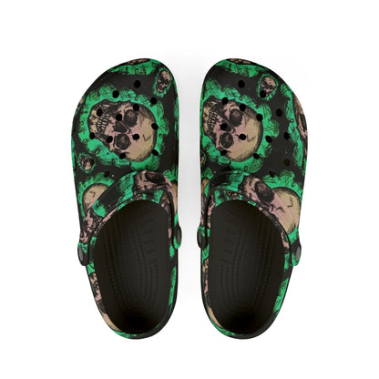 Skeleton Face Clogs — Green Camouflage EVA Foam Slip-Ons
