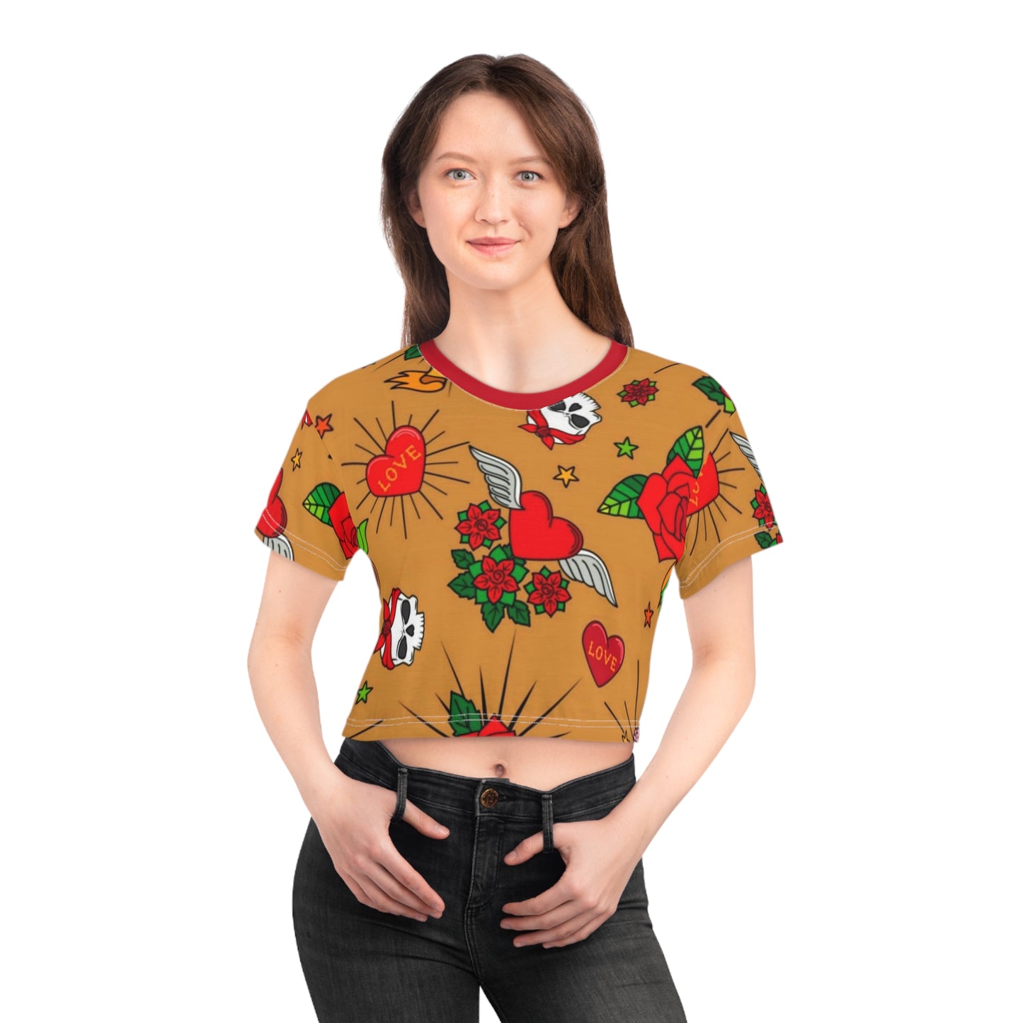 Love Skull & Rose Crop Tee – Tattoo Chic Graphic Top for Festivals & Casual Wear