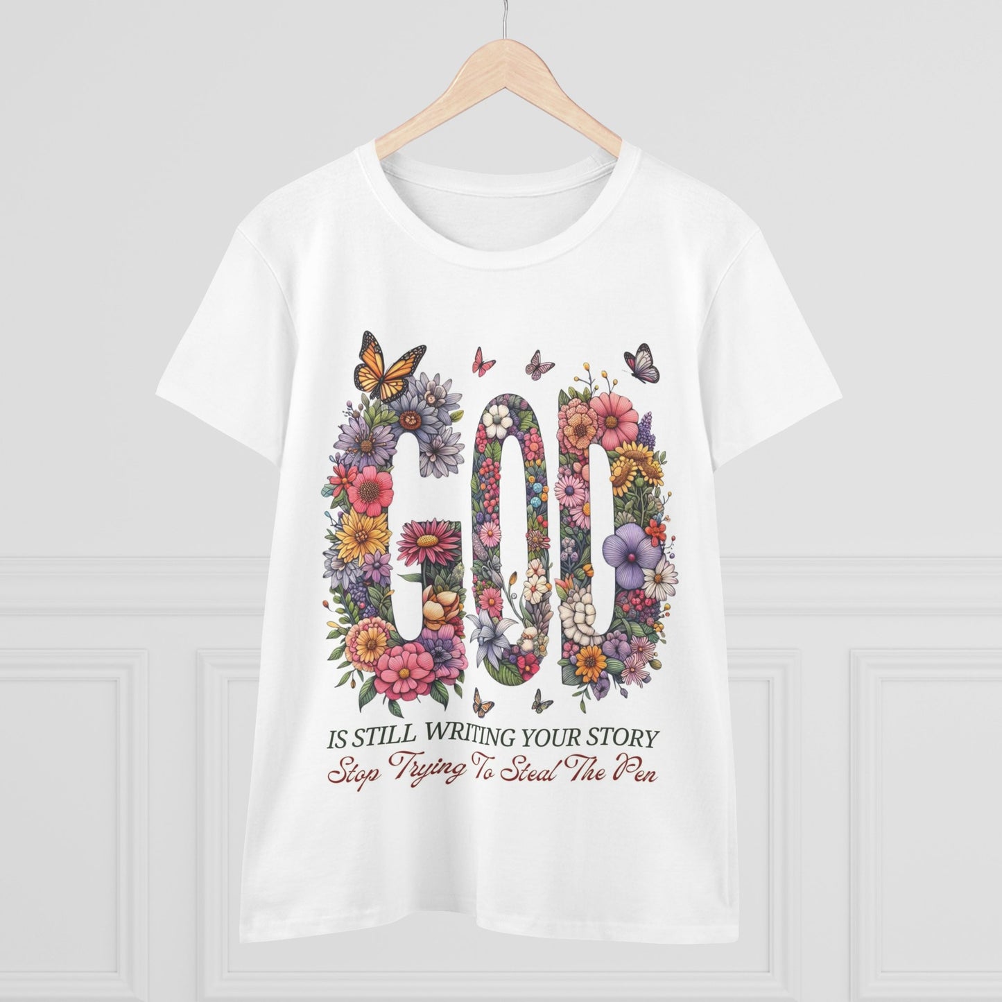 Women’s Floral God Quote Tee, Inspirational Shirt, Spring Fashion, Faith-Based Gift, Bible Verse Apparel, God is Still Writing Your Story