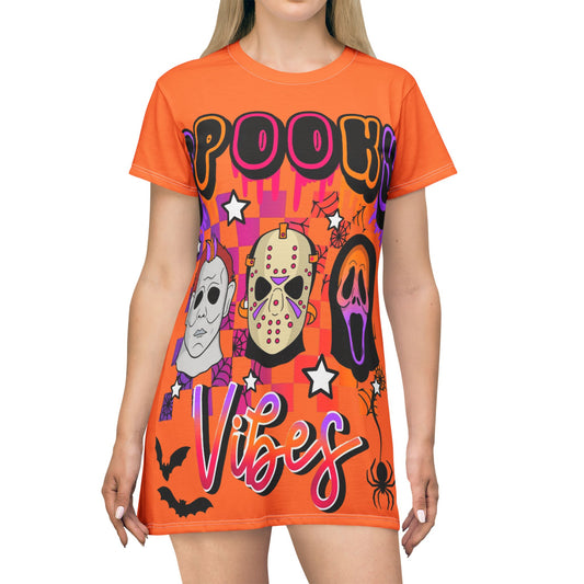 Spooky Vibes T-Shirt Dress — Halloween Horror Mask Graphic