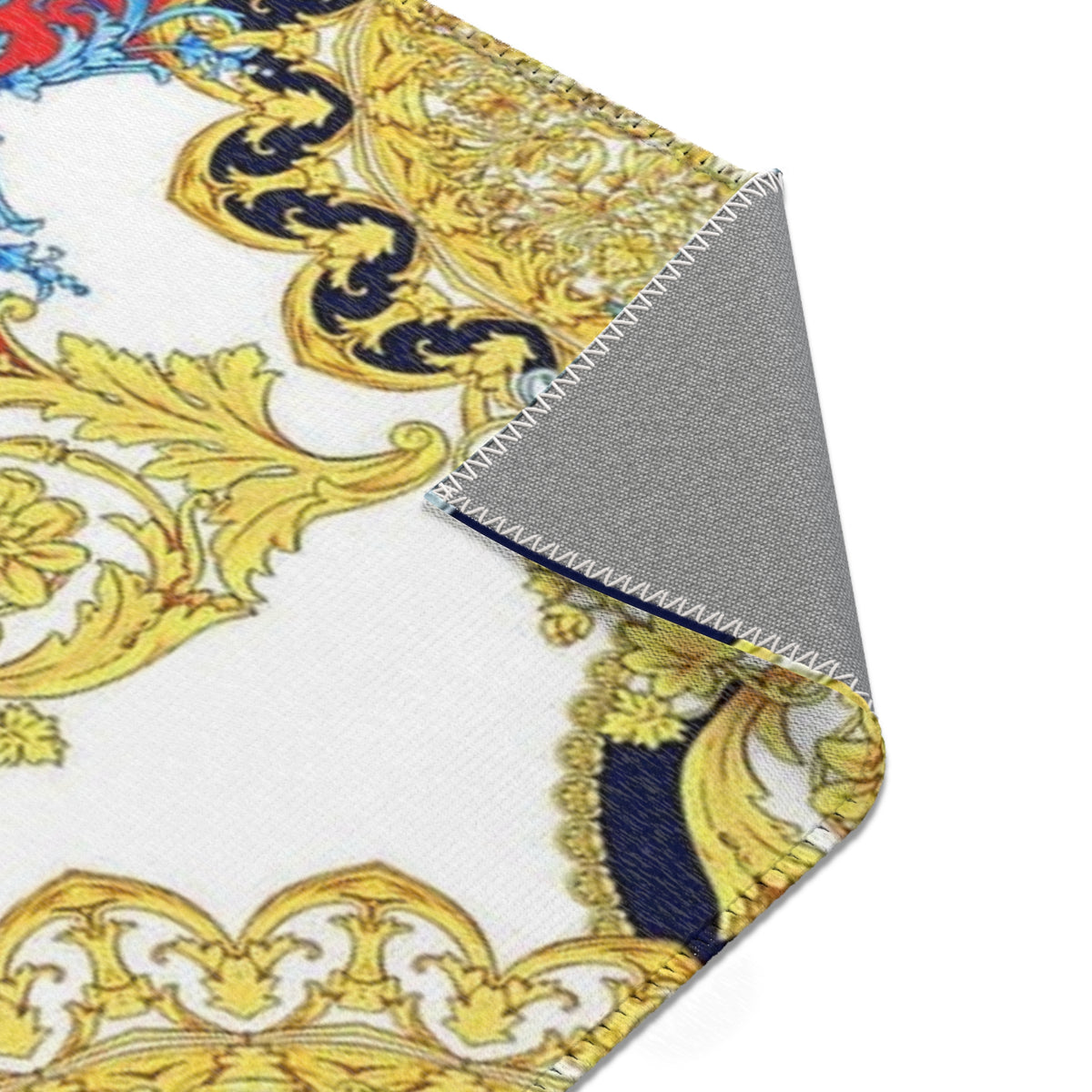 Baroque Scroll Area Rug — Red, Blue & Gold Ornate Accent Rug