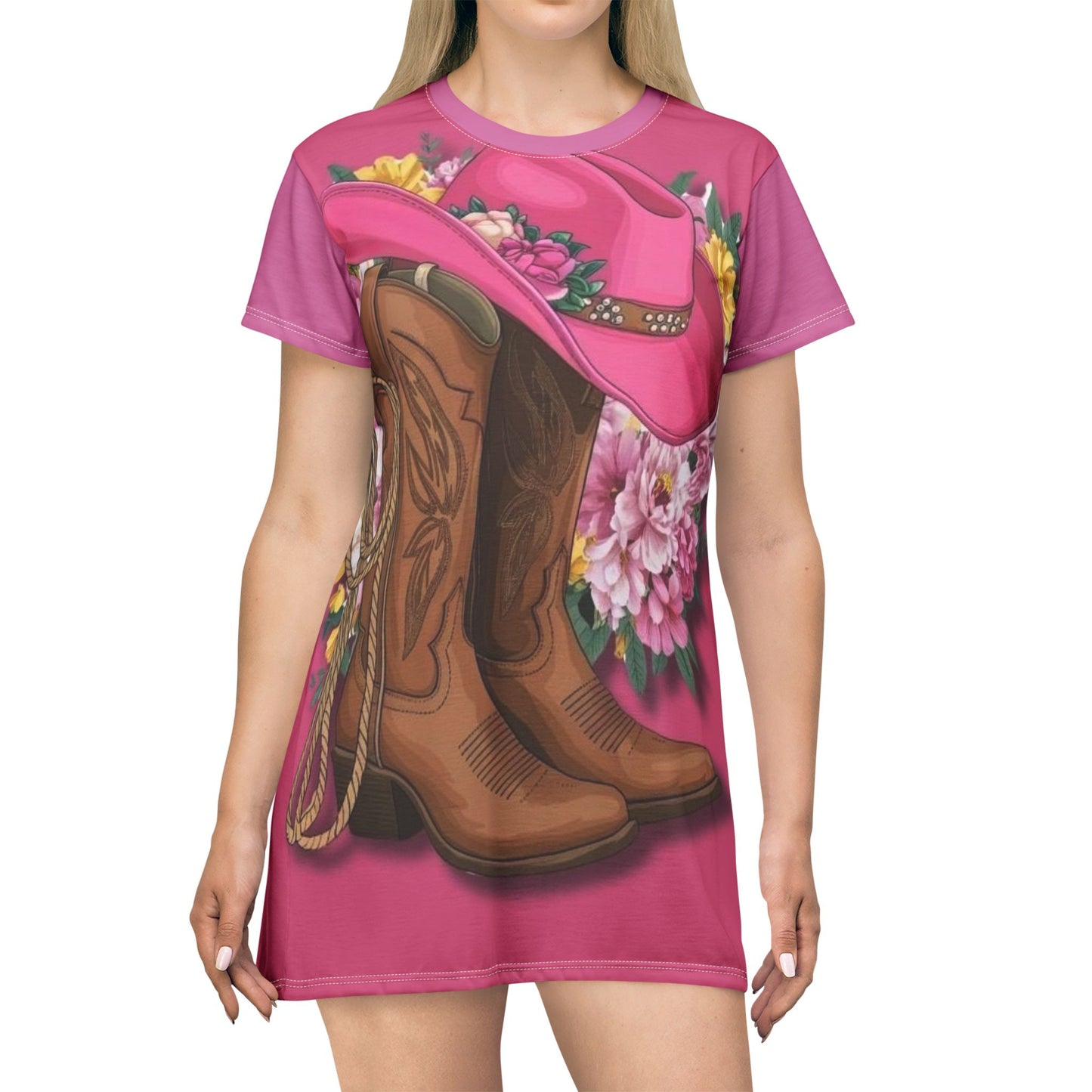 Western Floral T-Shirt Dress - Cowgirl Style with Boots and Hat