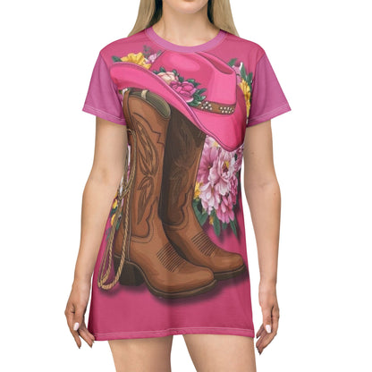 Western Floral T-Shirt Dress - Cowgirl Style with Boots and Hat