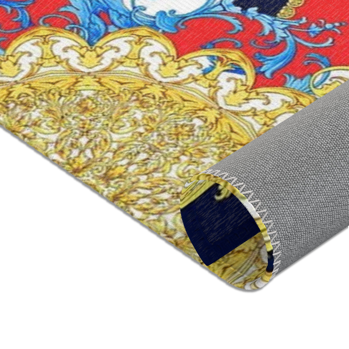 Baroque Scroll Area Rug — Red, Blue & Gold Ornate Accent Rug
