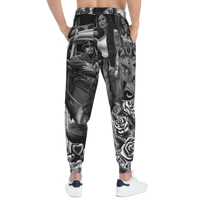 Chicano Street Art Joggers — Black & White Lowrider Tattoo AOP Athletic Pants