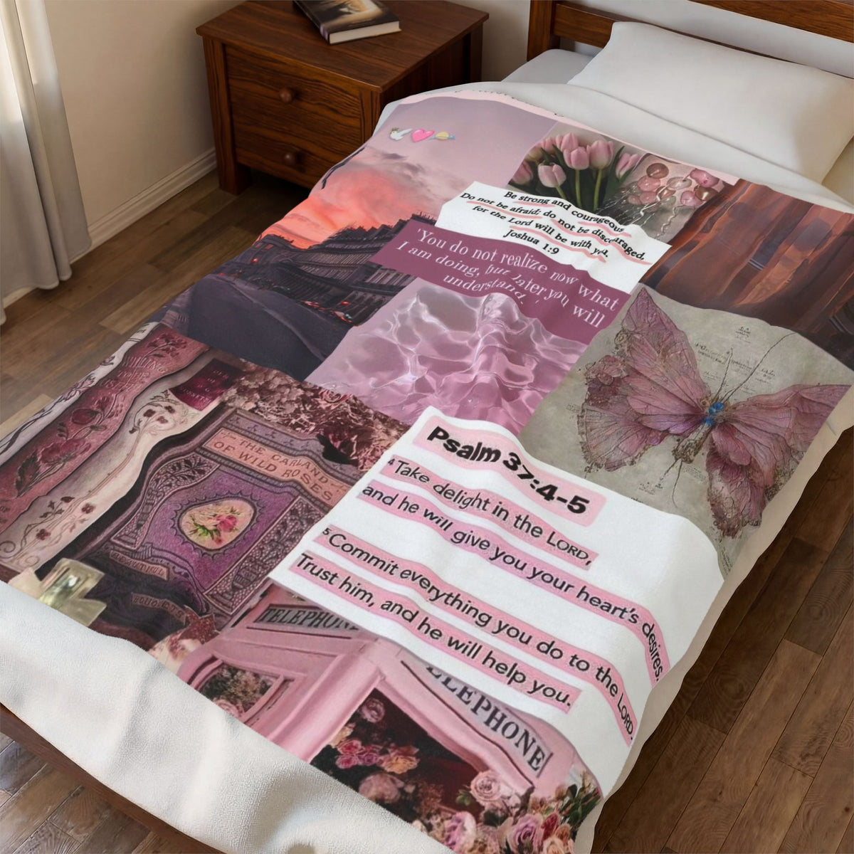 Velveteen Plush Blanket — Pink Vintage Butterfly Collage with Psalm 37:4-5
