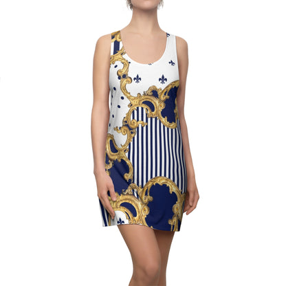 Baroque Gold & Navy Racerback Dress — Striped Fleur-de-Lis