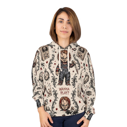 Chucky Pattern Hoodie – "Wanna Play?" Horror All-Over Print Pullover