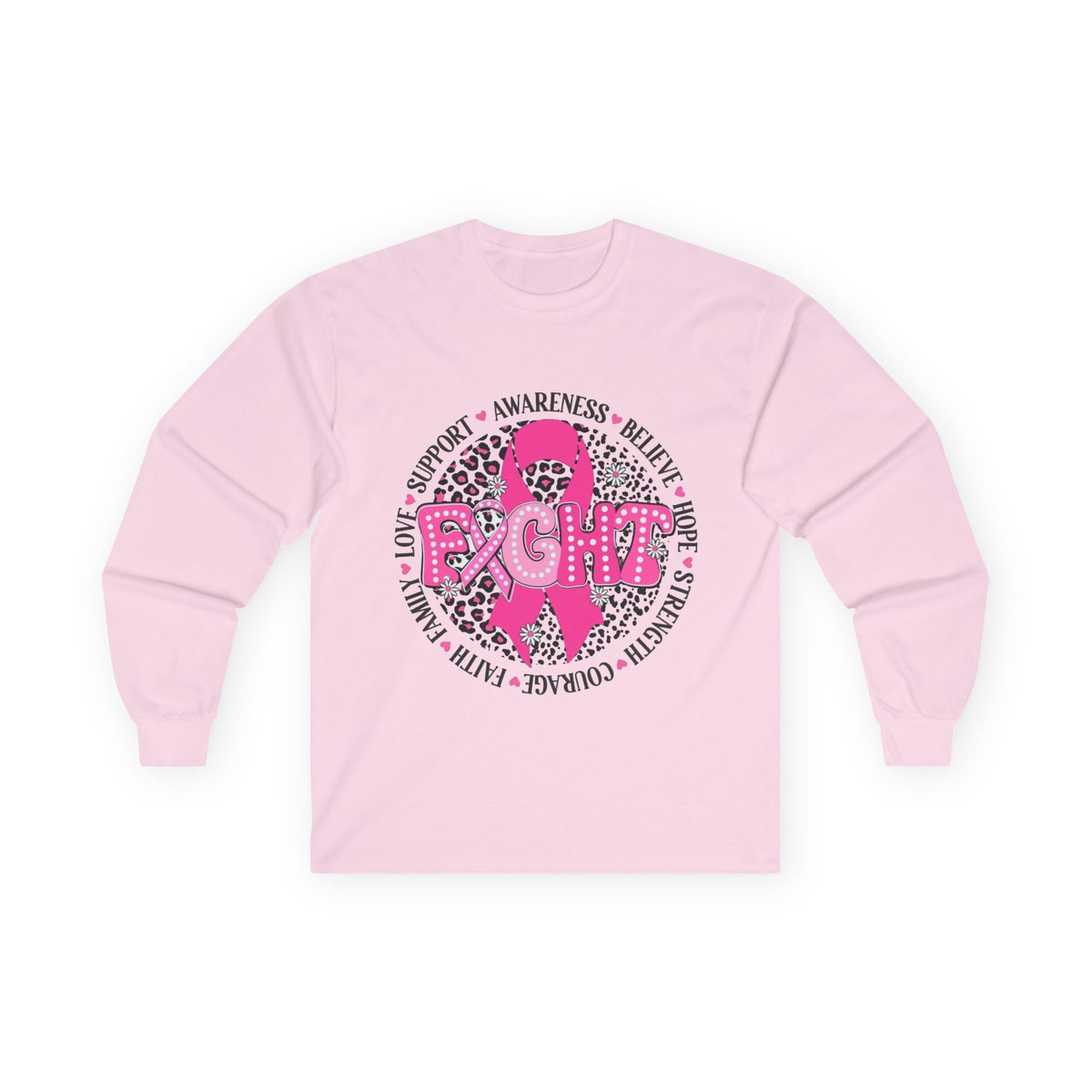 Breast Cancer Awareness Long Sleeve Tee — Pink Ribbon “Fight” Leopard Design
