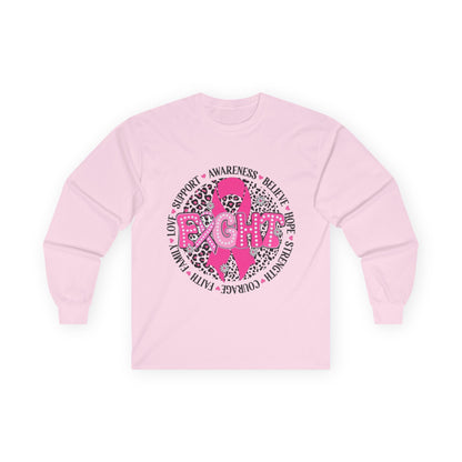 Breast Cancer Awareness Long Sleeve Tee — Pink Ribbon “Fight” Leopard Design
