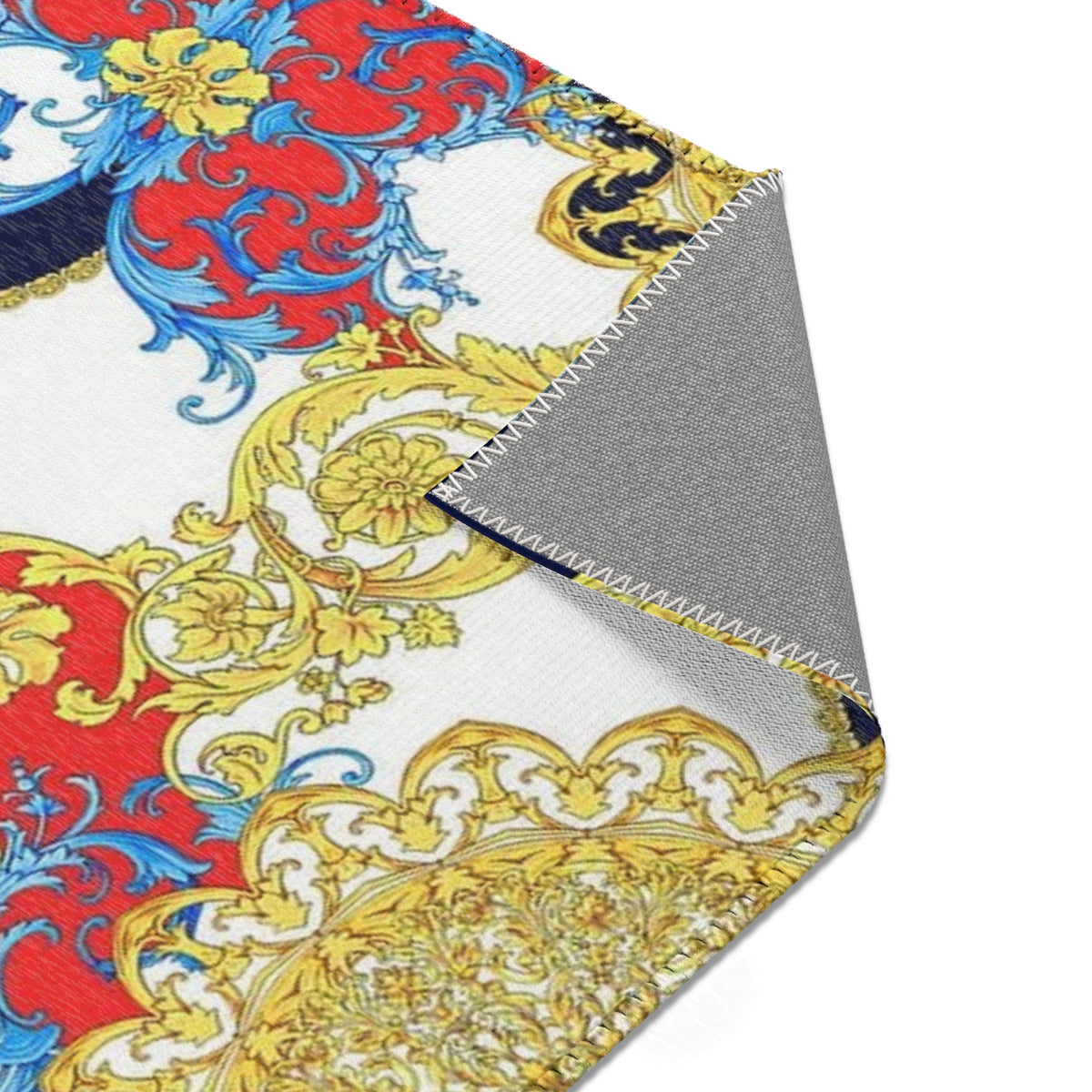 Baroque Scroll Area Rug — Red, Blue & Gold Ornate Accent Rug