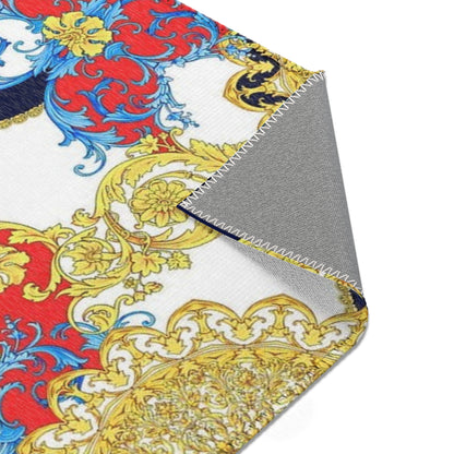 Baroque Scroll Area Rug — Red, Blue & Gold Ornate Accent Rug
