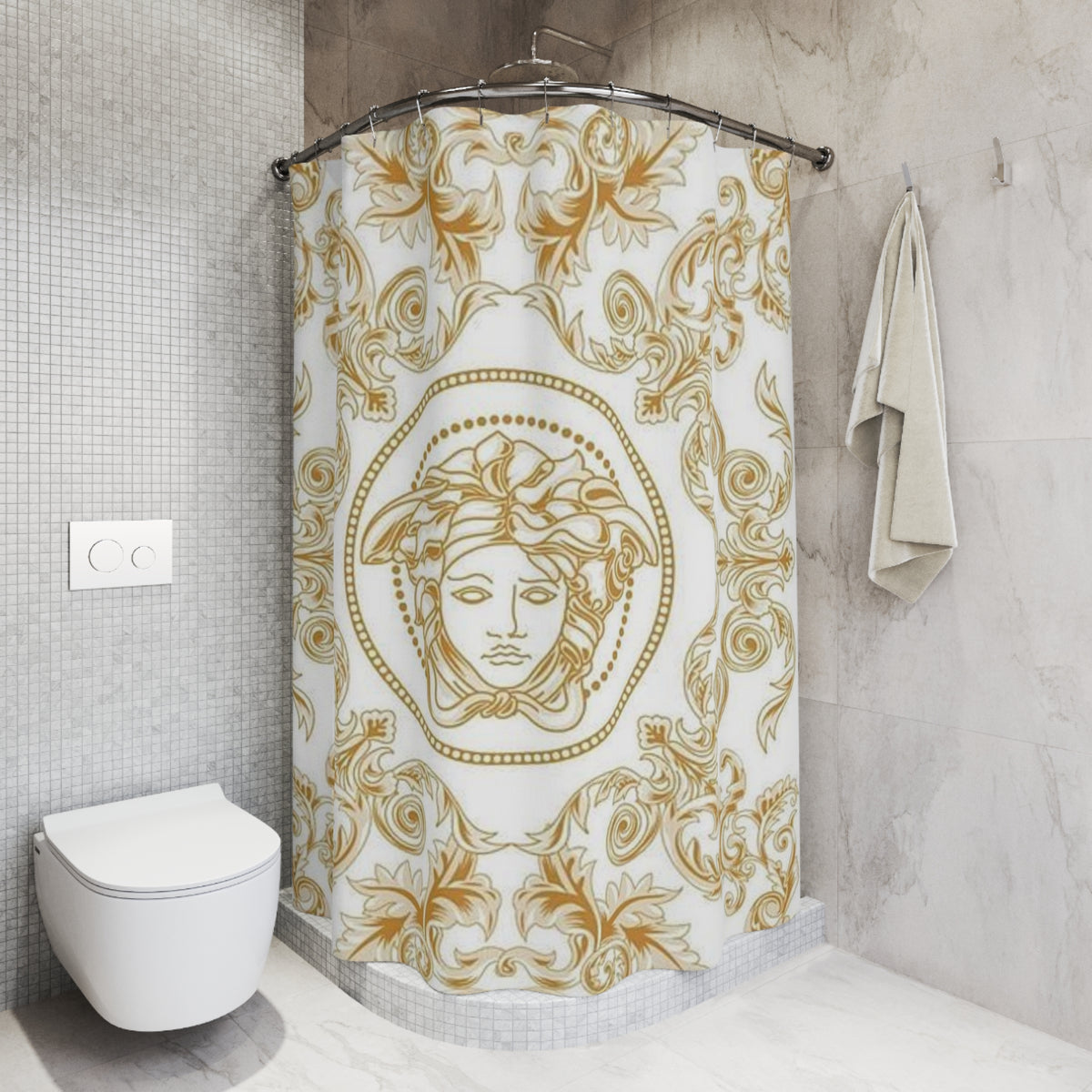 Gold Medusa Baroque Shower Curtain — Luxurious Greek Myth Bathroom Decor