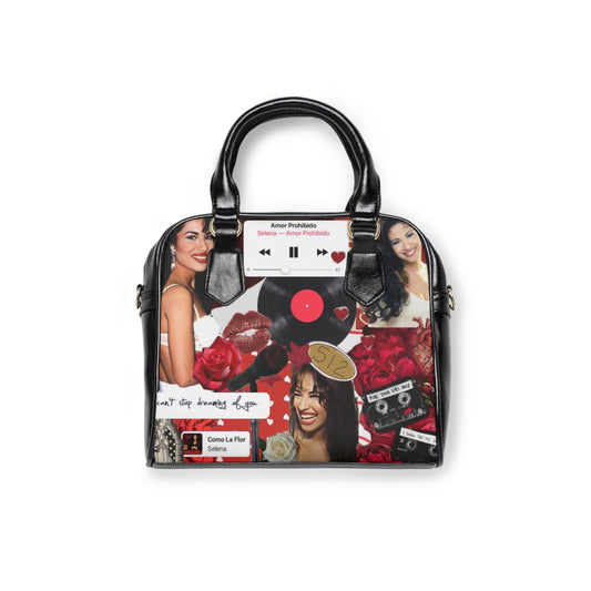 Selena Inspired Shoulder Handbag - Retro Music & Floral Collage
