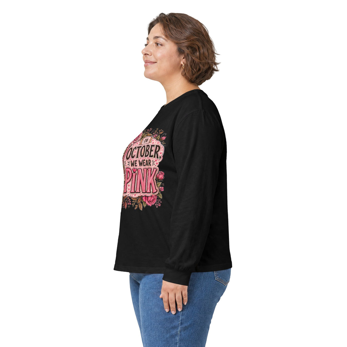 Breast Cancer Awareness Long Sleeve Tee — "In October We Wear Pink" Floral Ribbon