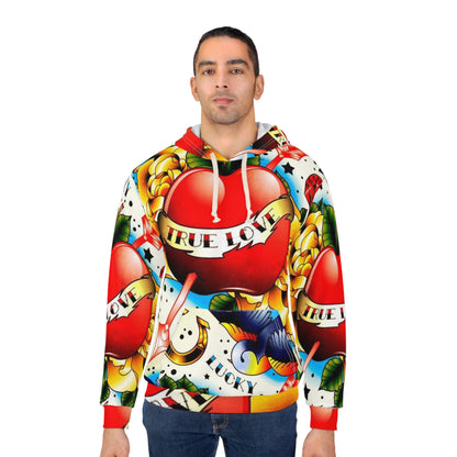 True Love Tattoo Heart Hoodie — All-Over-Print Vintage Tattoo Pullover
