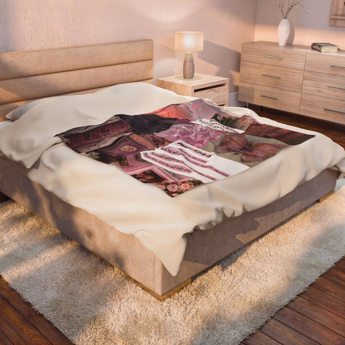 Velveteen Plush Blanket — Pink Vintage Butterfly Collage with Psalm 37:4-5